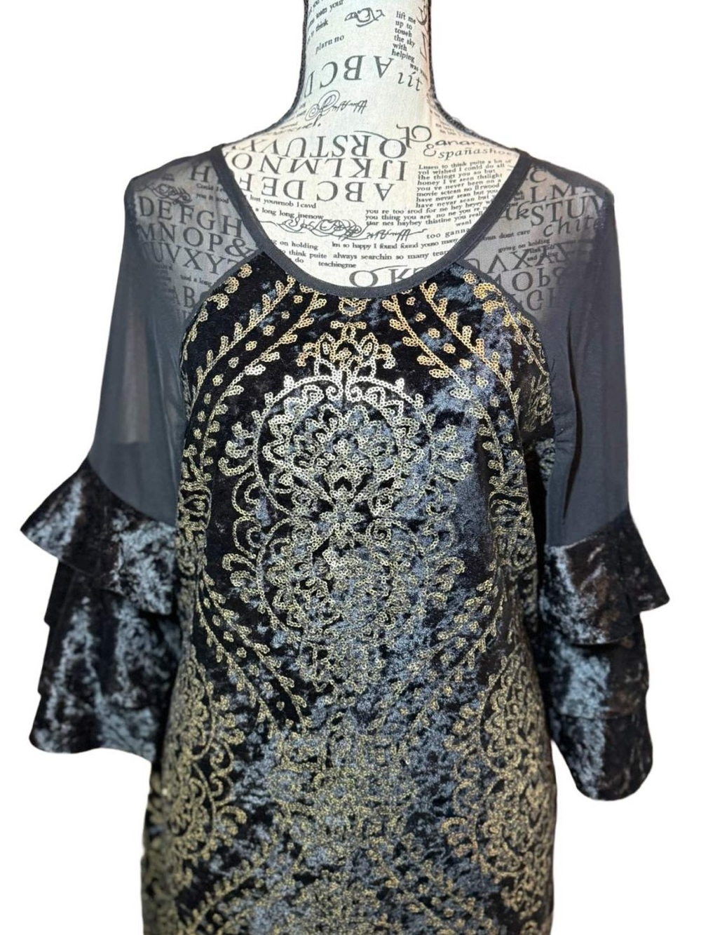 VENUS Gold Sequin Black Velvet Midi Dress Sheer Ruffle Sleeve Side Slit - L - Picture 3 of 15